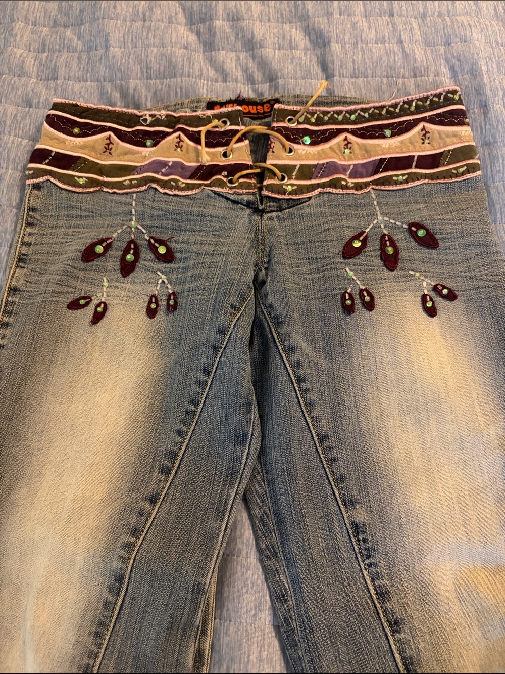 Dollhouse Light Blue Faded Flare Jeans with Embroidered Multicolor Waist - Picture 3 of 8